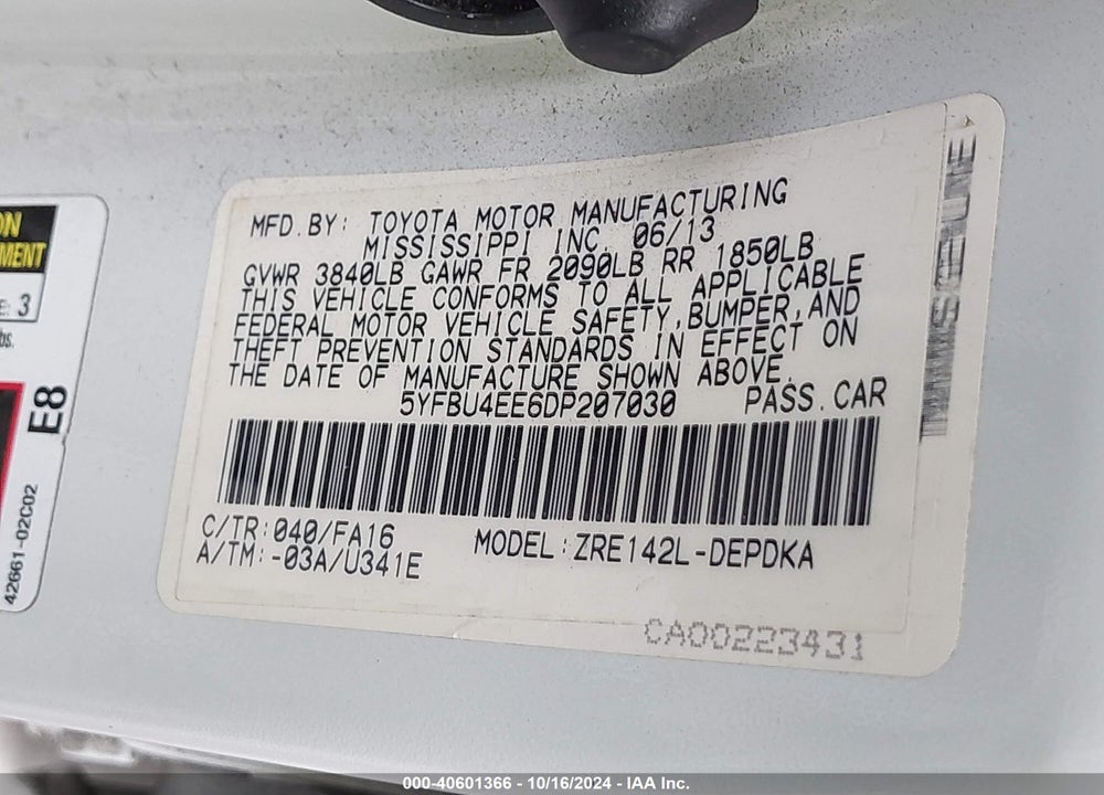 2013 TOYOTA COROLLA L VIN: 5YFBU4EE6DP207030