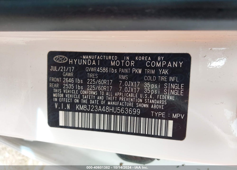 2017 HYUNDAI TUCSON SE VIN: KM8J23A48HU563699