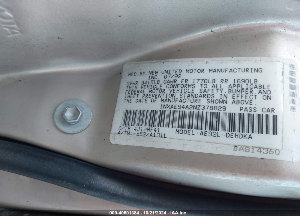 1992 TOYOTA COROLLA DLX VIN: 1NXAE94A2NZ378829