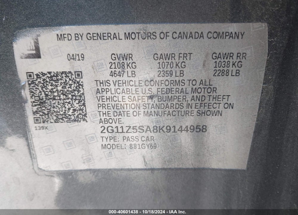 2019 CHEVROLET IMPALA LT VIN: 2G11Z5SA8K9144958