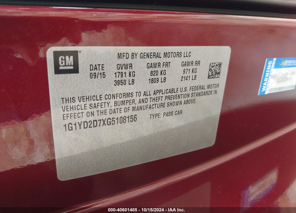 2016 CHEVROLET CORVETTE STINGRAY VIN: 1G1YD2D7XG5108156