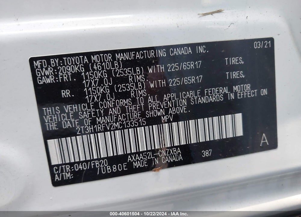 2021 TOYOTA RAV4 LE VIN: 2T3H1RFV2MC133515