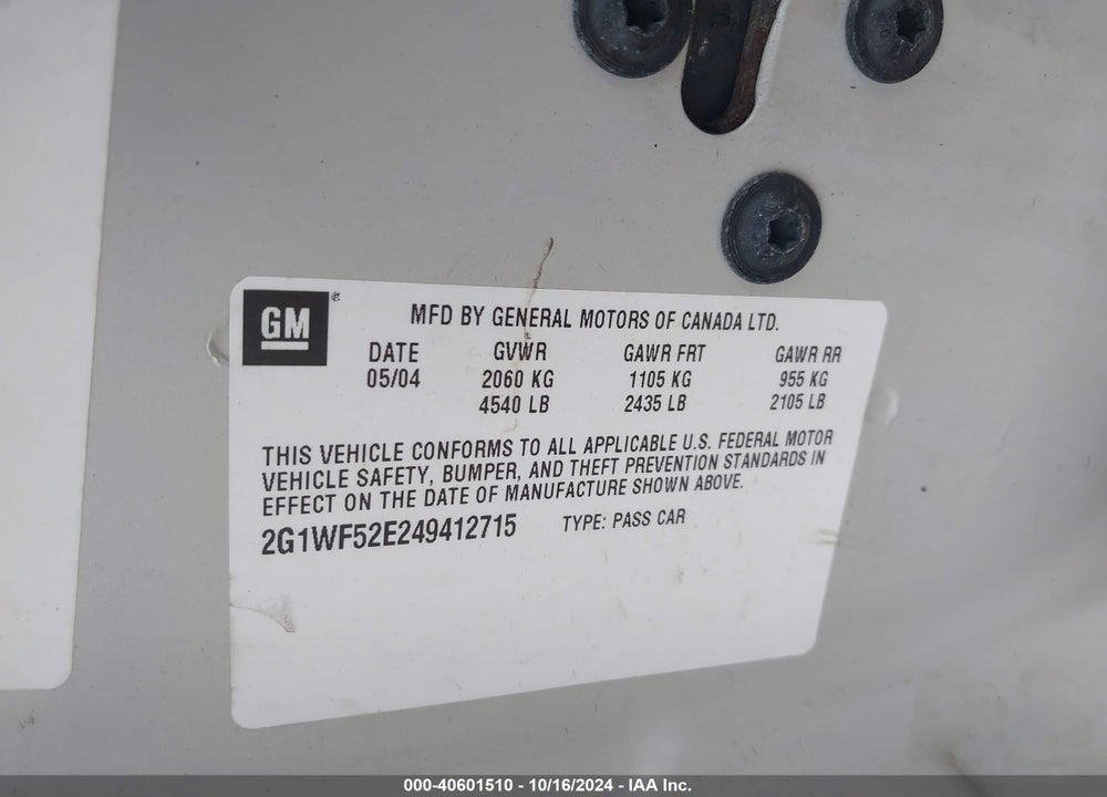 2004 CHEVROLET IMPALA VIN: 2G1WF52E249412715