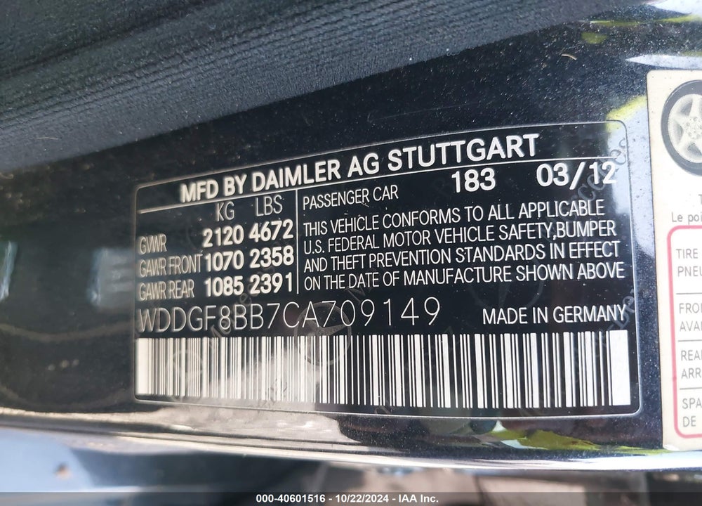 2012 MERCEDES-BENZ C 300 VIN: WDDGF8BB7CA709149