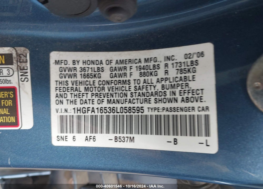 2006 HONDA CIVIC LX VIN: 1HGFA16536L058595
