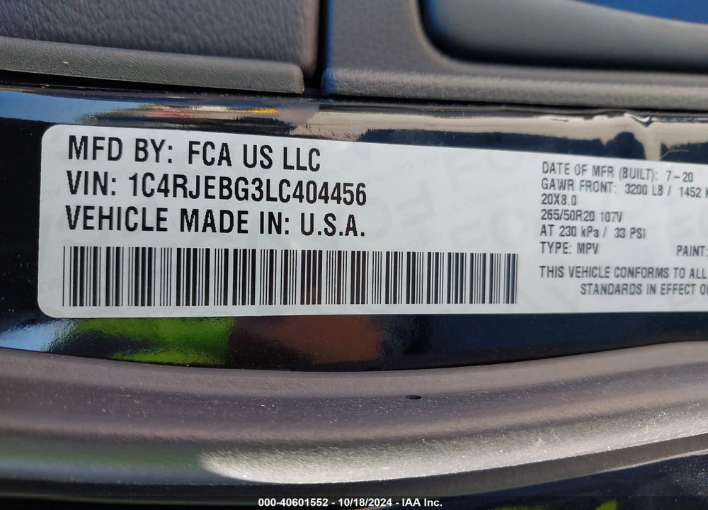 2020 JEEP GRAND CHEROKEE LIMITED X 4X2 VIN: 1C4RJEBG3LC404456