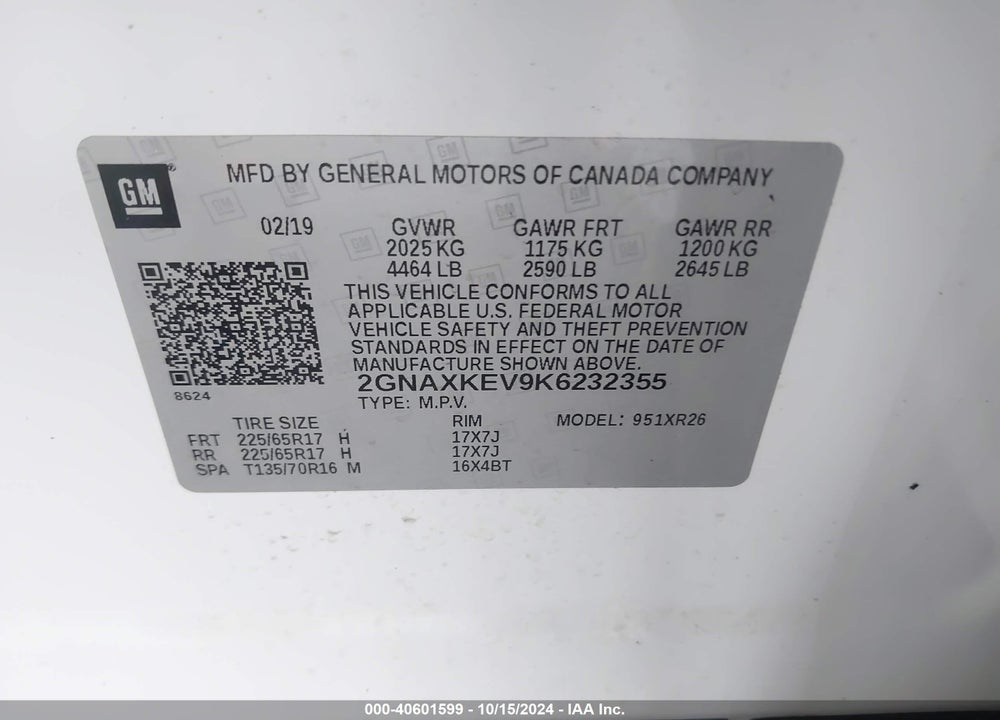 2019 CHEVROLET EQUINOX LT VIN: 2GNAXKEV9K6232355