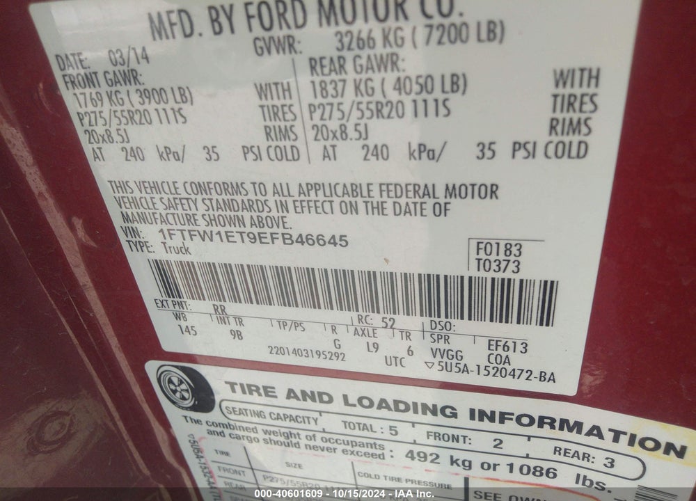 2014 FORD F-150 PLATINUM VIN: 1FTFW1ET9EFB46645