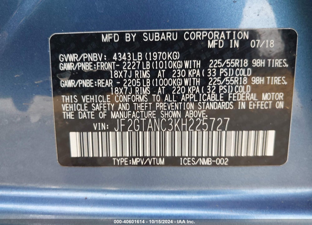2019 SUBARU CROSSTREK 2.0I LIMITED VIN: JF2GTANC3KH225727