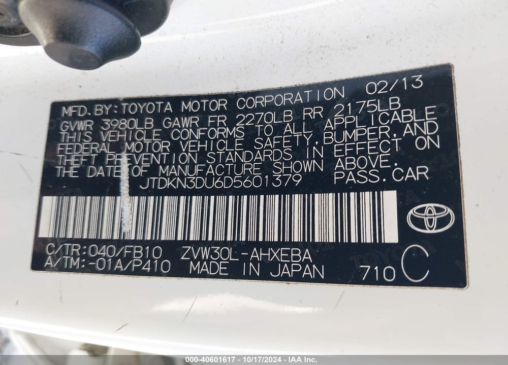2013 TOYOTA PRIUS TWO VIN: JTDKN3DU6D5601379