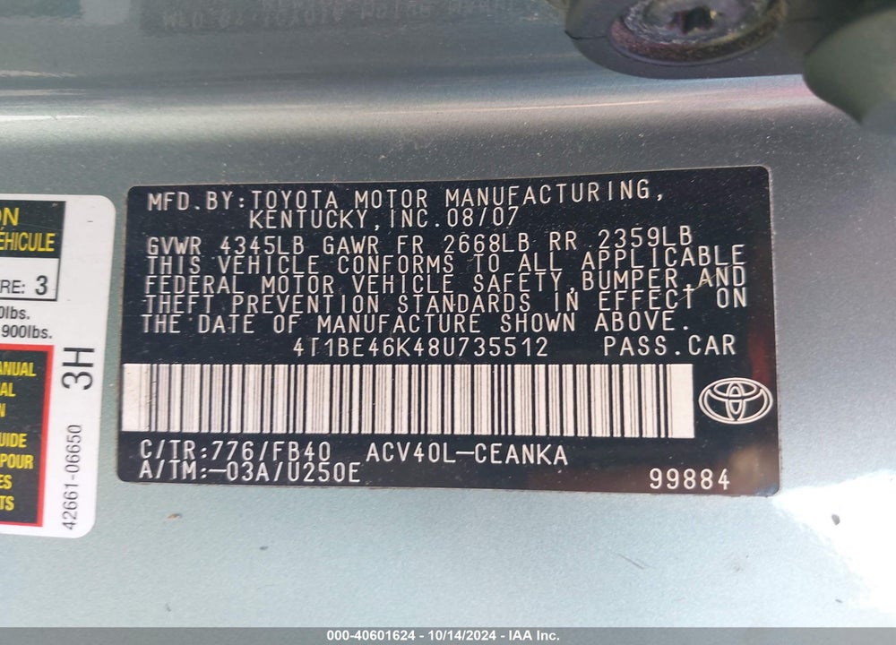 2008 TOYOTA CAMRY LE VIN: 4T1BE46K48U735512