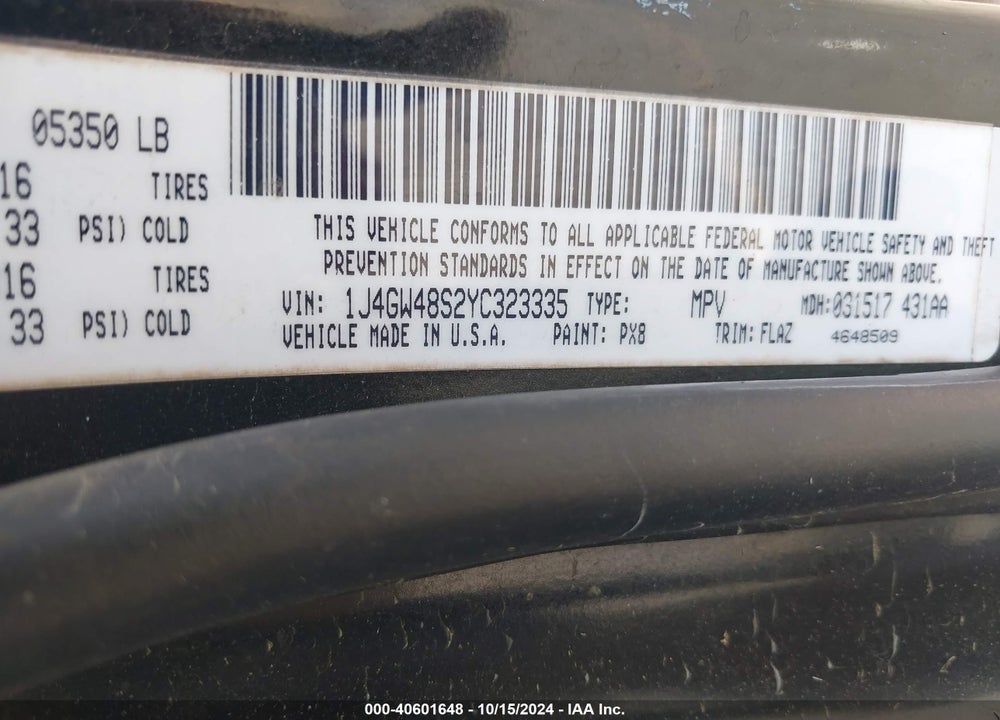 2000 JEEP GRAND CHEROKEE LAREDO VIN: 1J4GW48S2YC323335