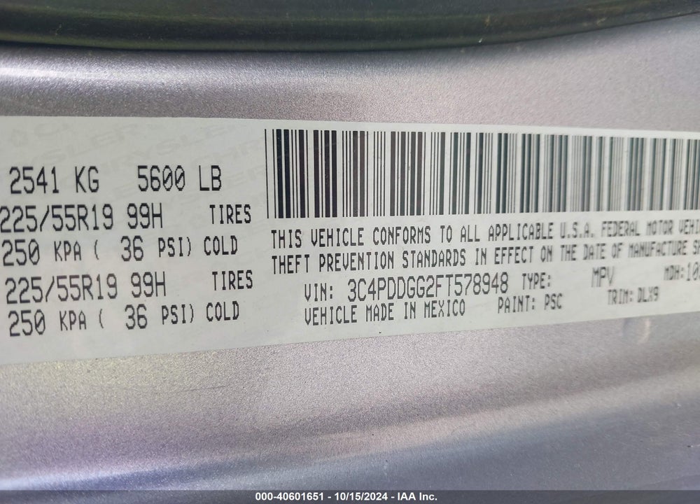 2015 DODGE JOURNEY CROSSROAD VIN: 3C4PDDGG2FT578948