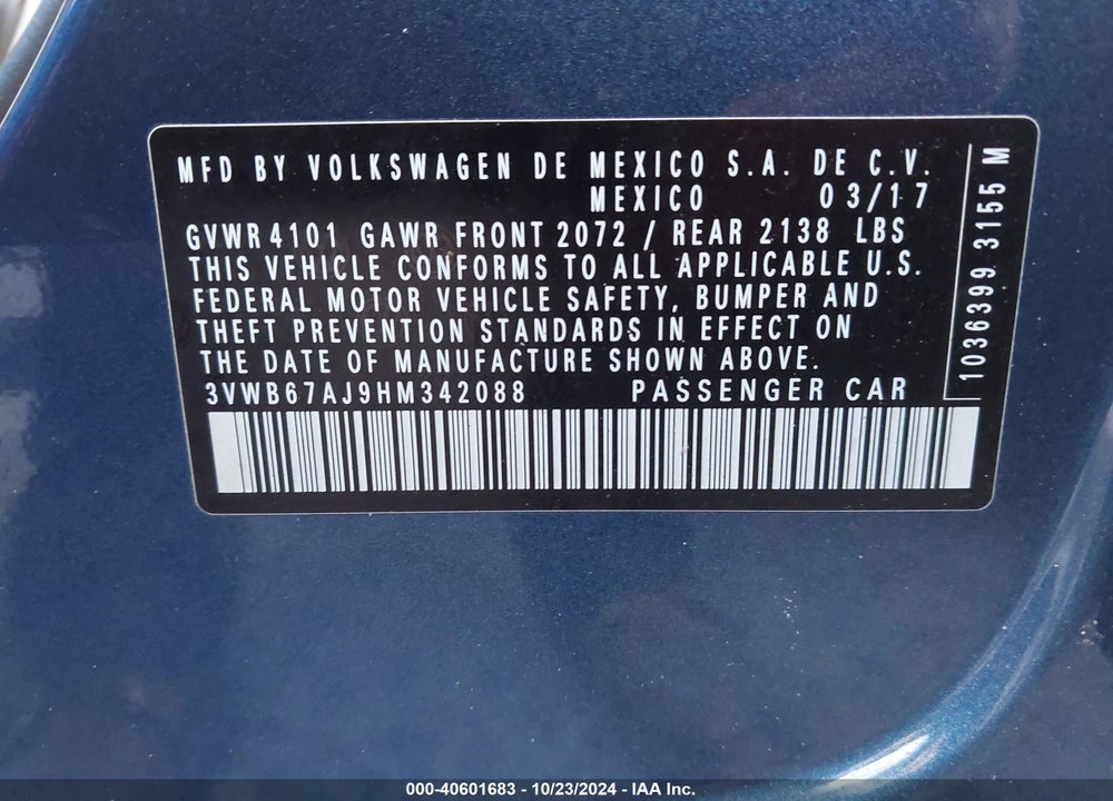 2017 VOLKSWAGEN JETTA 1.4T SE VIN: 3VWB67AJ9HM342088