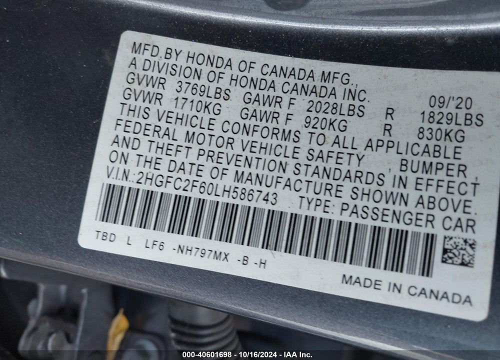 2020 HONDA CIVIC LX VIN: 2HGFC2F60LH586743