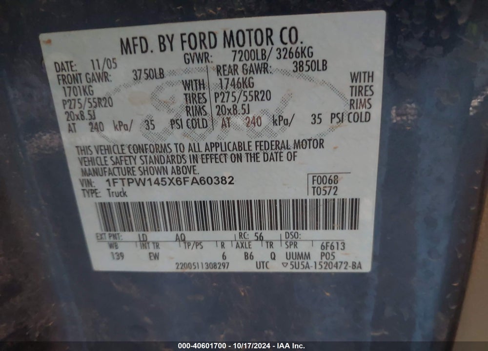 2006 FORD F-150 VIN: 1FTPW145X6FA60382
