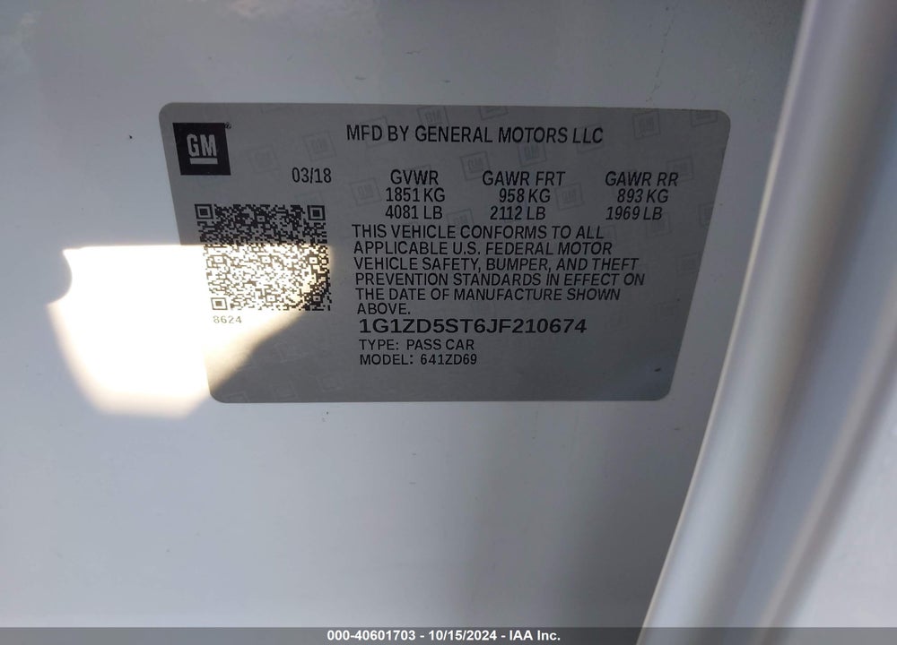 2018 CHEVROLET MALIBU LT VIN: 1G1ZD5ST6JF210674