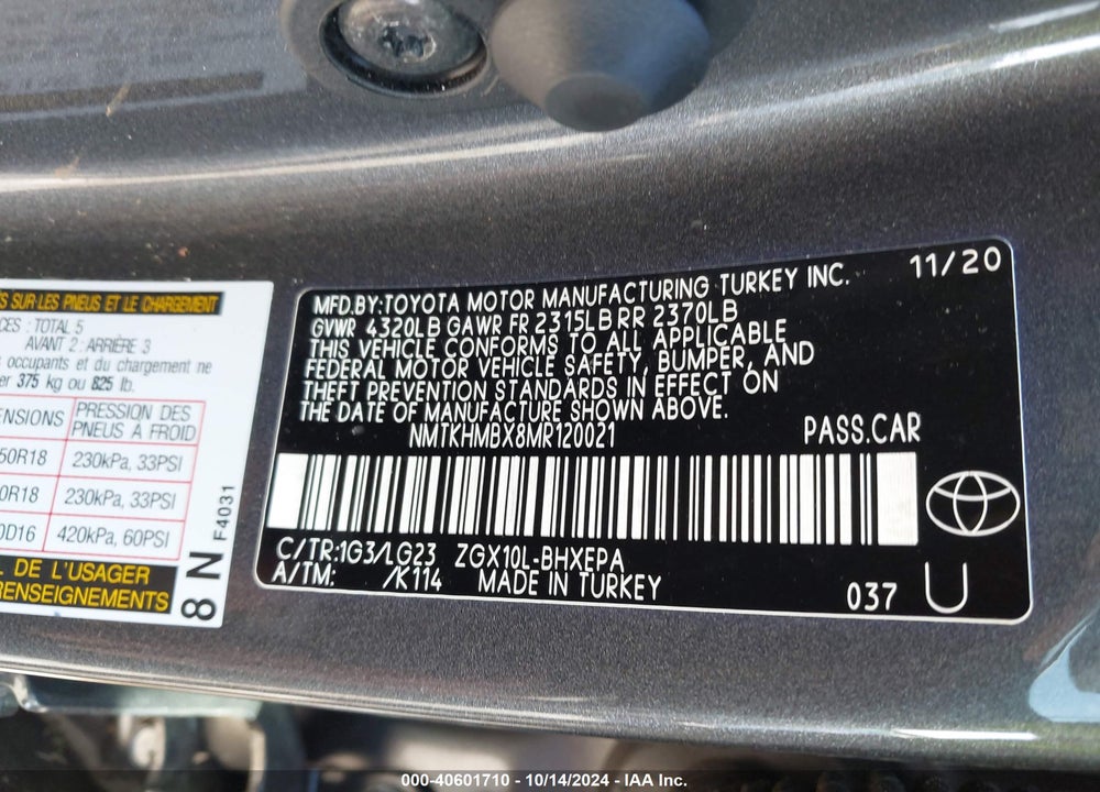 2021 TOYOTA C-HR LIMITED VIN: NMTKHMBX8MR120021