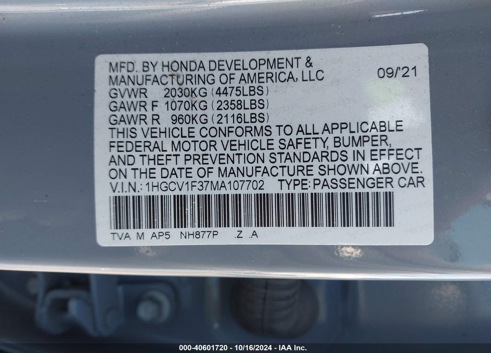 2021 HONDA ACCORD SPORT VIN: 1HGCV1F37MA107702