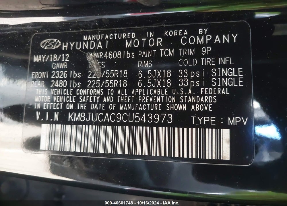2012 HYUNDAI TUCSON LIMITED VIN: KM8JUCAC9CU543973