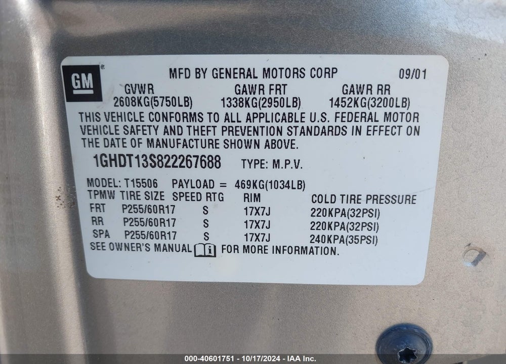 2002 OLDSMOBILE BRAVADA VIN: 1GHDT13S822267688