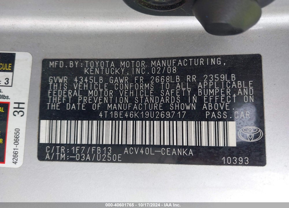 2009 TOYOTA CAMRY LE VIN: 4T1BE46K19U269717