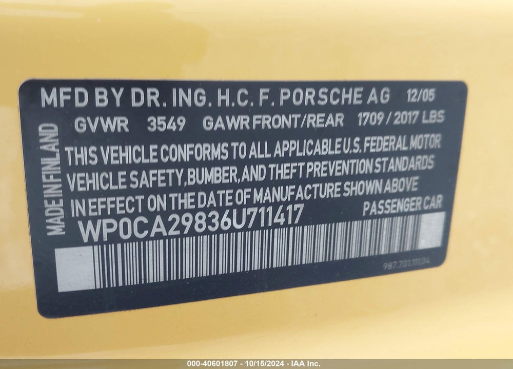 2006 PORSCHE BOXSTER VIN: WP0CA29836U711417