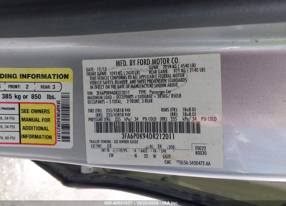 2013 FORD FUSION TITANIUM VIN: 3FA6P0K94DR212011