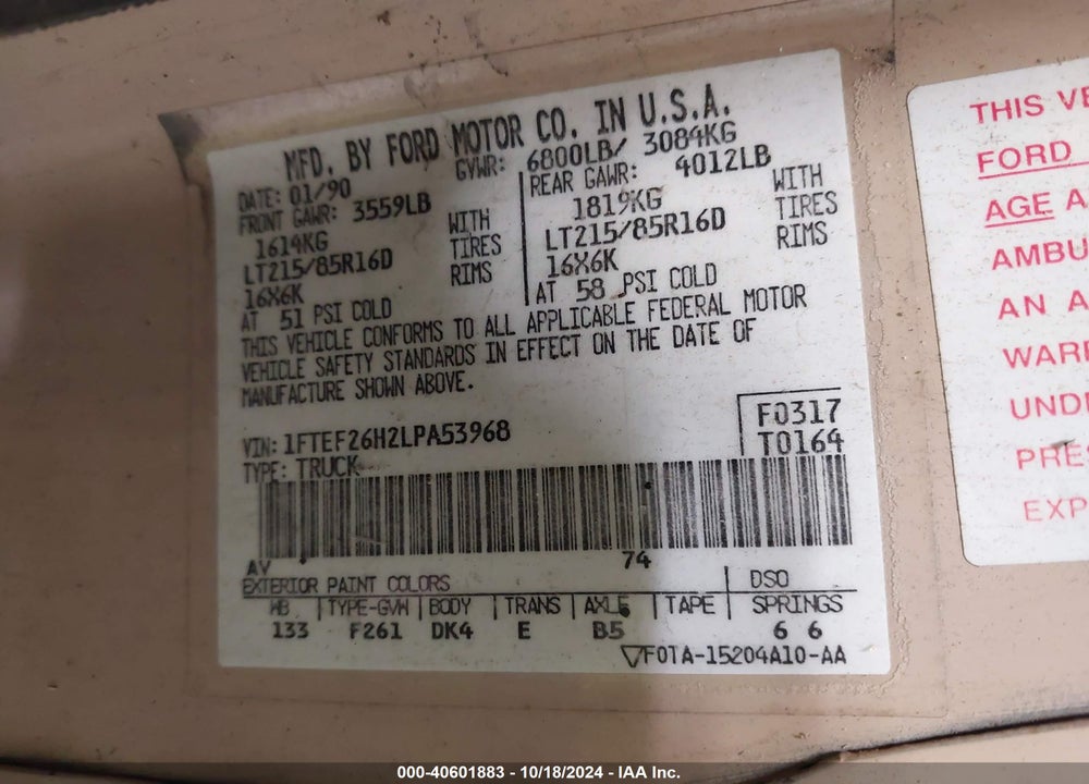1990 FORD F250 VIN: 1FTEF26H2LPA53968