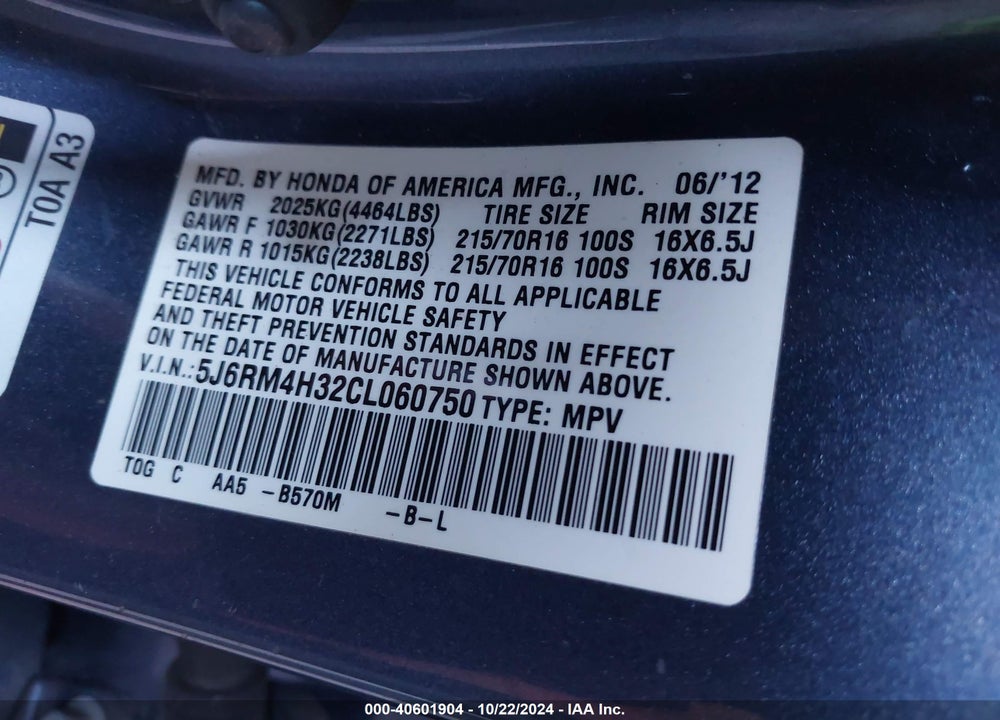 2012 HONDA CR-V LX VIN: 5J6RM4H32CL060750