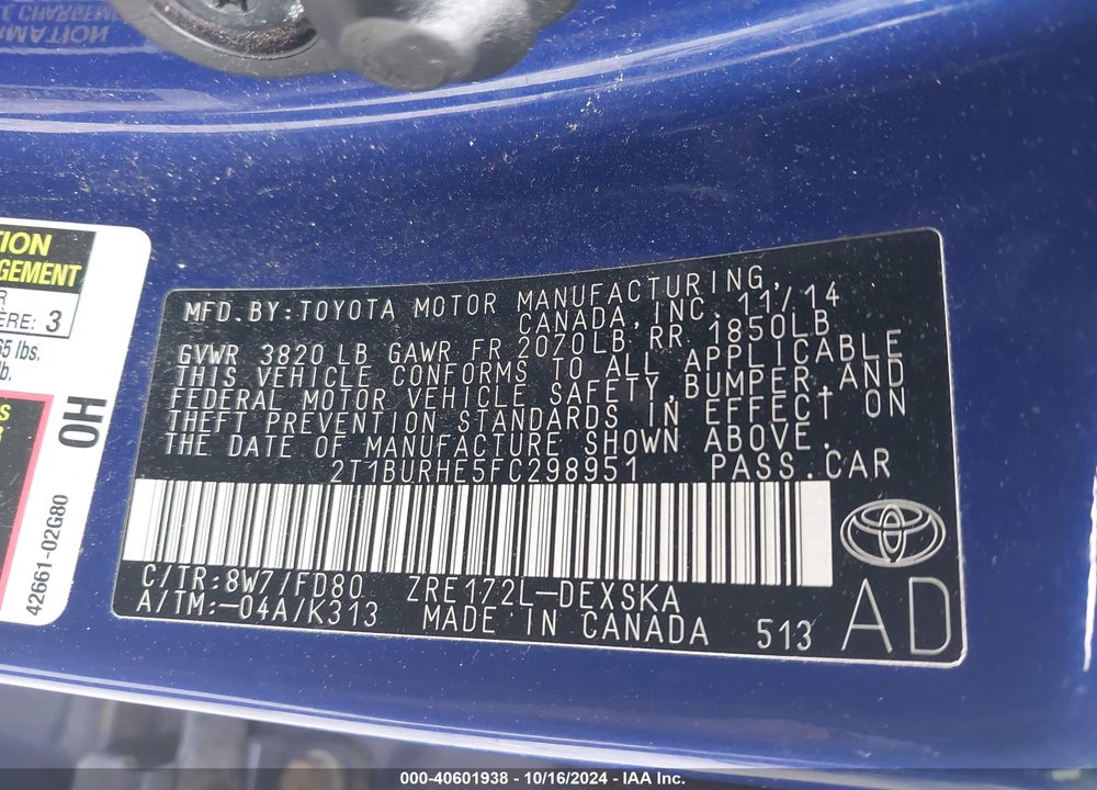 2015 TOYOTA COROLLA S PLUS VIN: 2T1BURHE5FC298951