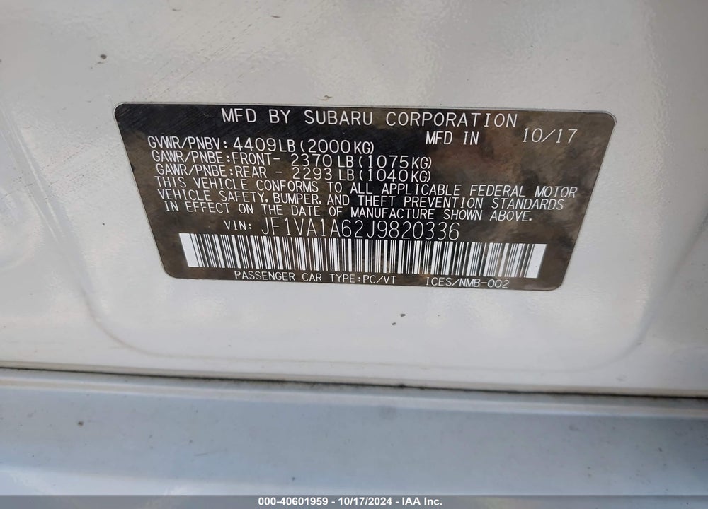 2018 SUBARU WRX VIN: JF1VA1A62J9820336