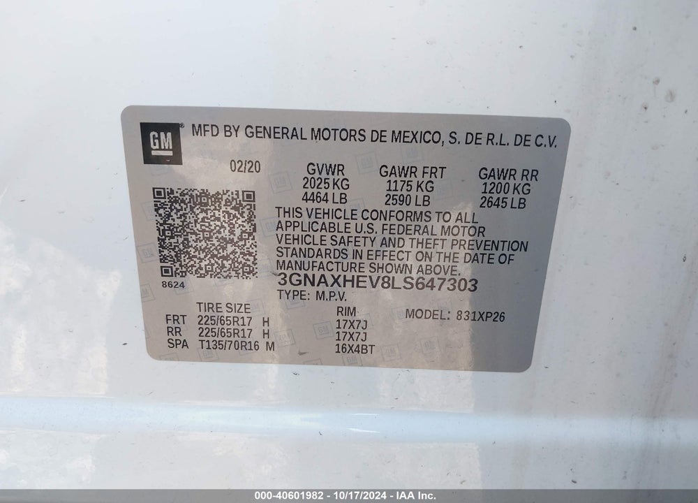 2020 CHEVROLET EQUINOX FWD LS VIN: 3GNAXHEV8LS647303
