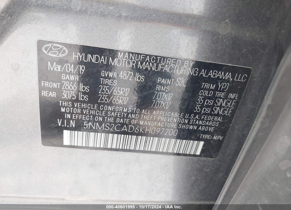 2019 HYUNDAI SANTA FE SE VIN: 5NMS2CAD6KH097200