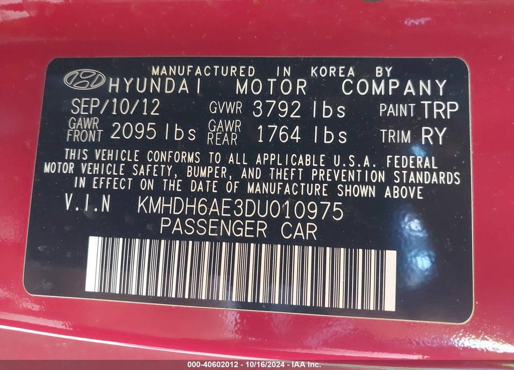 2013 HYUNDAI ELANTRA VIN: KMHDH6AE3DU010975