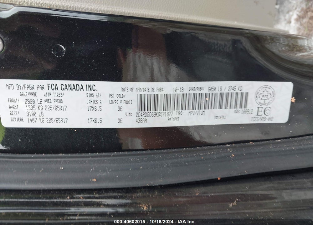 2019 DODGE GRAND CARAVAN CREW VIN: 2C4RDGDG9KR571877