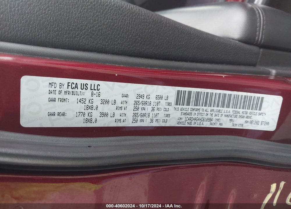 2017 DODGE DURANGO SXT RWD VIN: 1C4RDHAG4HC610984