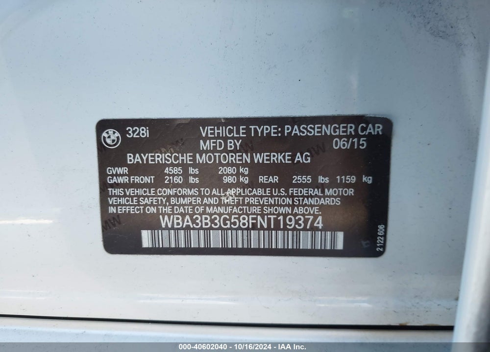 2015 BMW 328I XDRIVE VIN: WBA3B3G58FNT19374