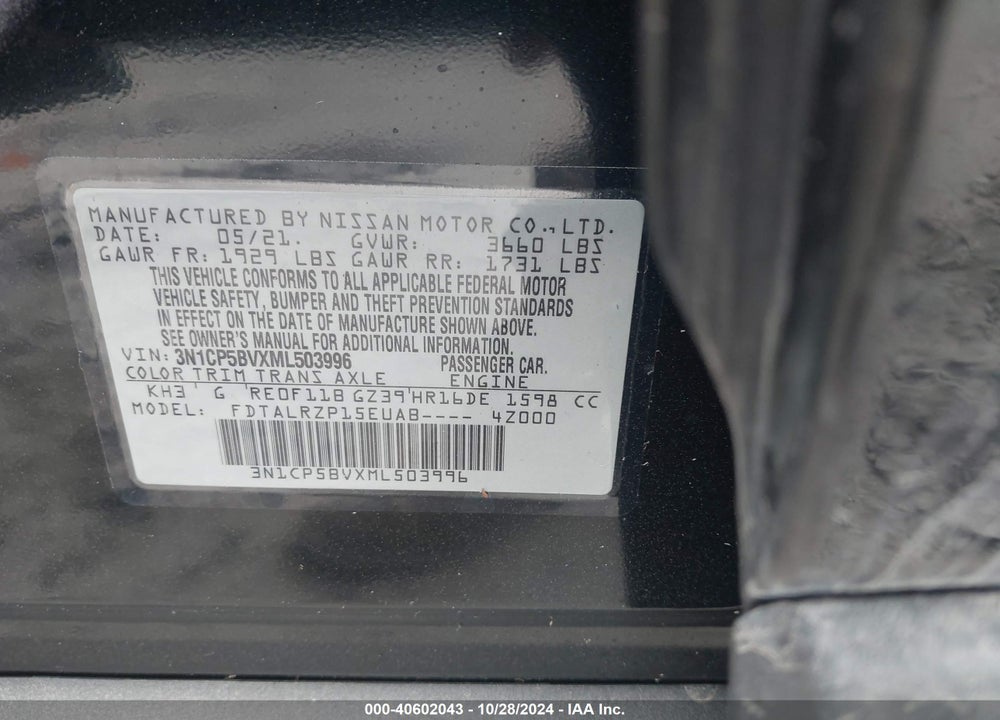 2021 NISSAN KICKS S XTRONIC CVT VIN: 3N1CP5BVXML503996