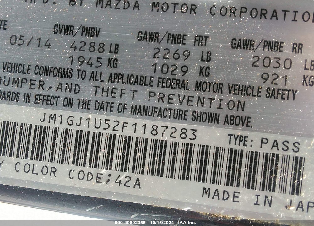 2015 MAZDA 6 I SPORT VIN: JM1GJ1U52F1187283