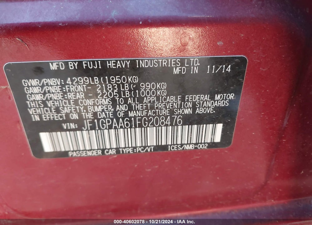 2015 SUBARU IMPREZA 2.0I VIN: JF1GPAA61FG208476