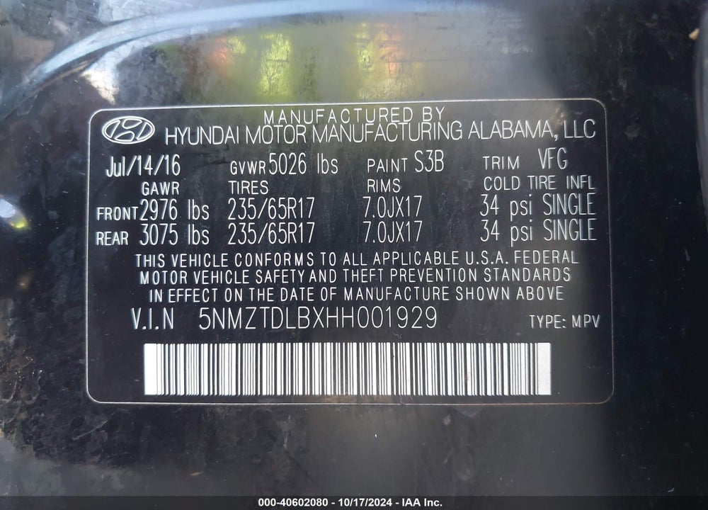 2017 HYUNDAI SANTA FE SPORT 2.4L VIN: 5NMZTDLBXHH001929
