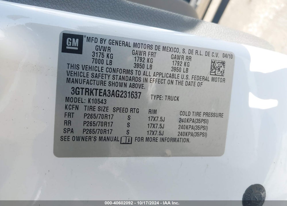 2010 GMC SIERRA 1500 VIN: 3GTRKTEA3AG231637