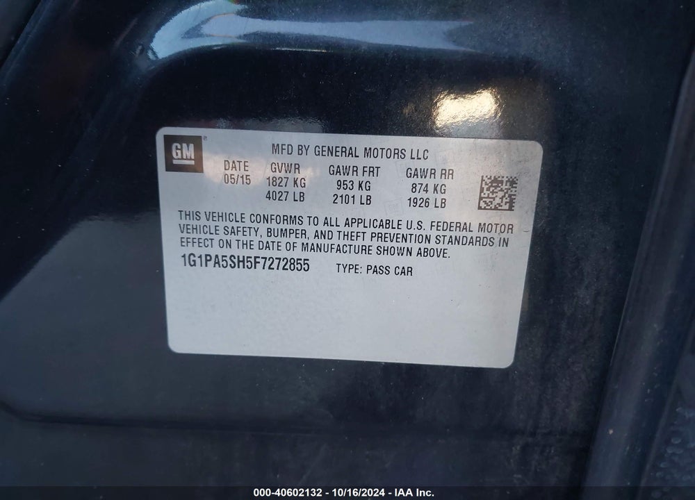 2015 CHEVROLET CRUZE LS AUTO VIN: 1G1PA5SH5F7272855