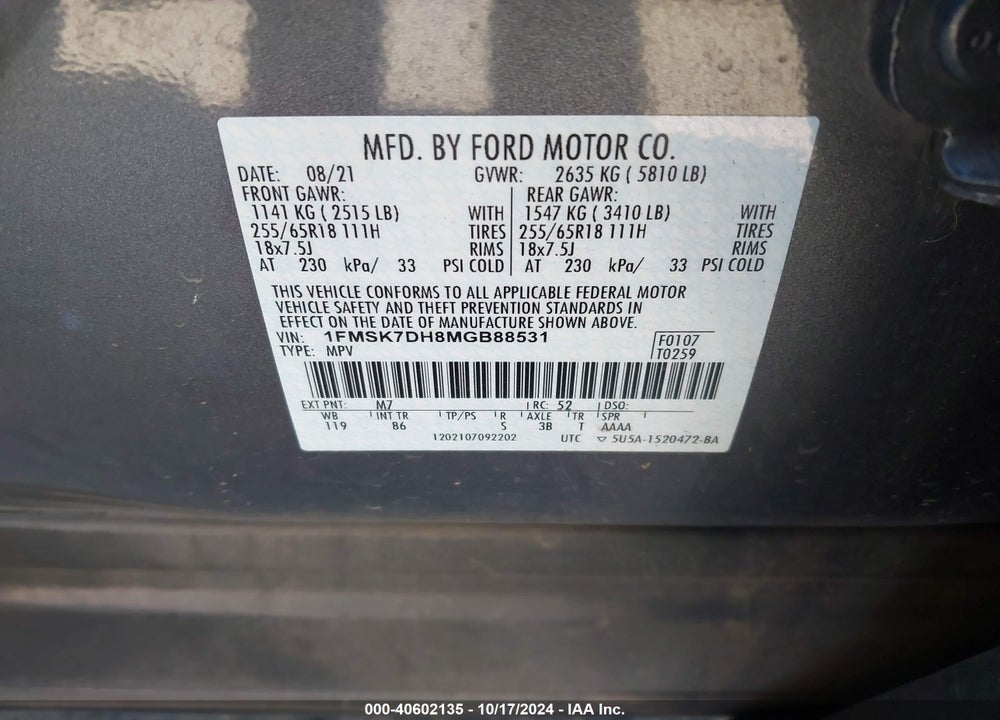 2021 FORD EXPLORER VIN: 1FMSK7DH8MGB88531