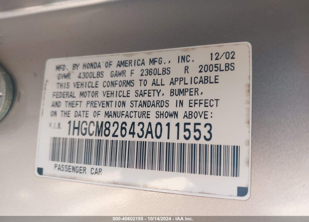 2003 HONDA ACCORD 3.0 EX VIN: 1HGCM82643A011553
