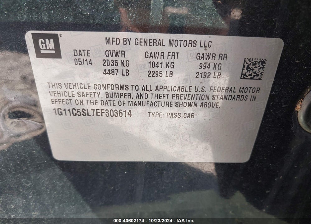 2014 CHEVROLET MALIBU 1LT VIN: 1G11C5SL7EF303614