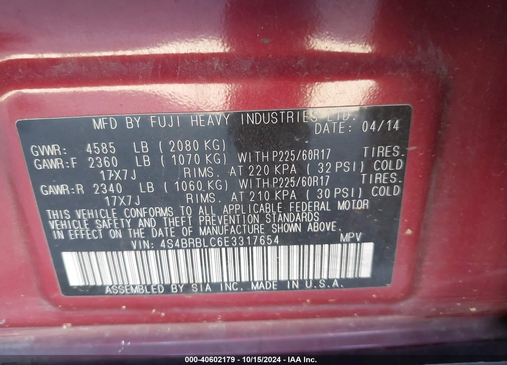 2014 SUBARU OUTBACK 2.5I LIMITED VIN: 4S4BRBLC6E3317654