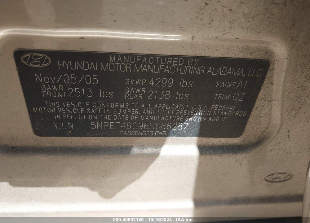 2006 HYUNDAI SONATA GL VIN: 5NPET46C96H066287