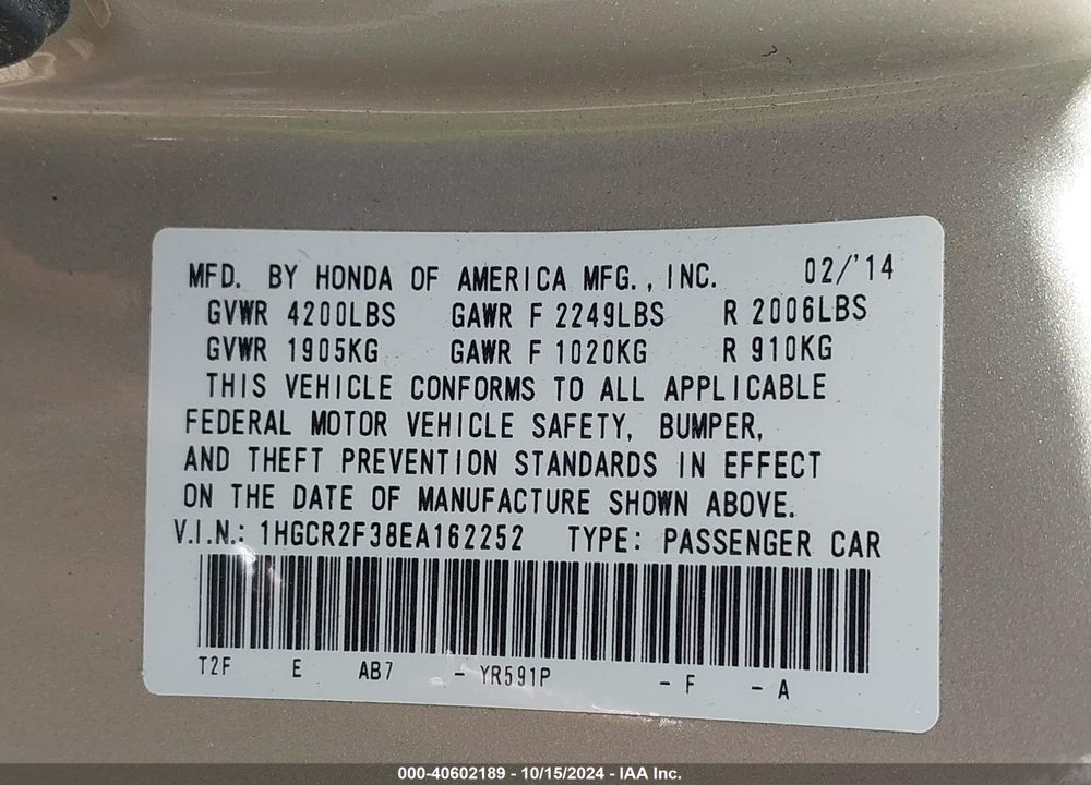 2014 HONDA ACCORD LX VIN: 1HGCR2F38EA162252
